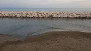 Una playa con un rompeolas rocoso y agua tranquila.