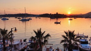 A marina with boats docked, palm trees, and a sunset in the background. - Merhaba Pansiyon (Bodrum)
