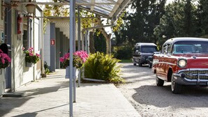 A vintage car parked in front of a building with a covered entrance and hanging flower baskets. - Wittrup Motel (Albertslund)