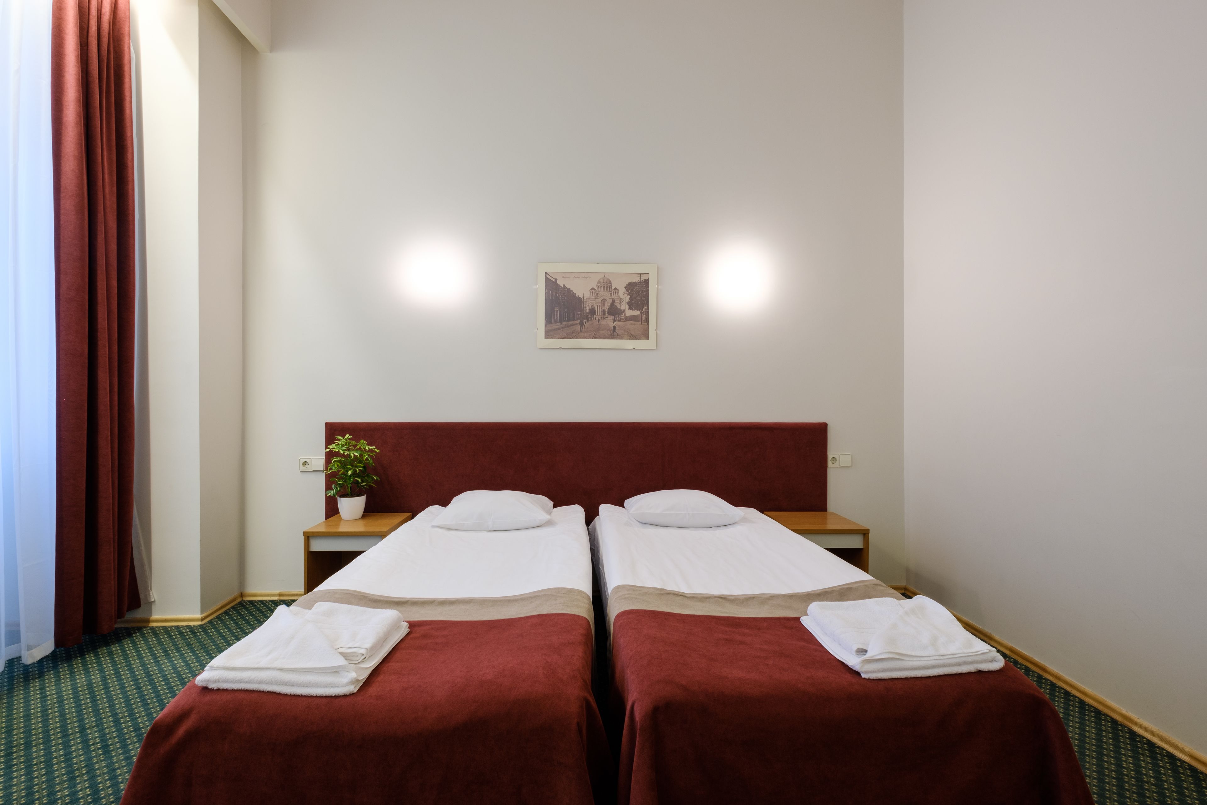 A hotel room with two single beds, a wooden headboard, a small bedside table with a plant, and a framed picture on the wall.