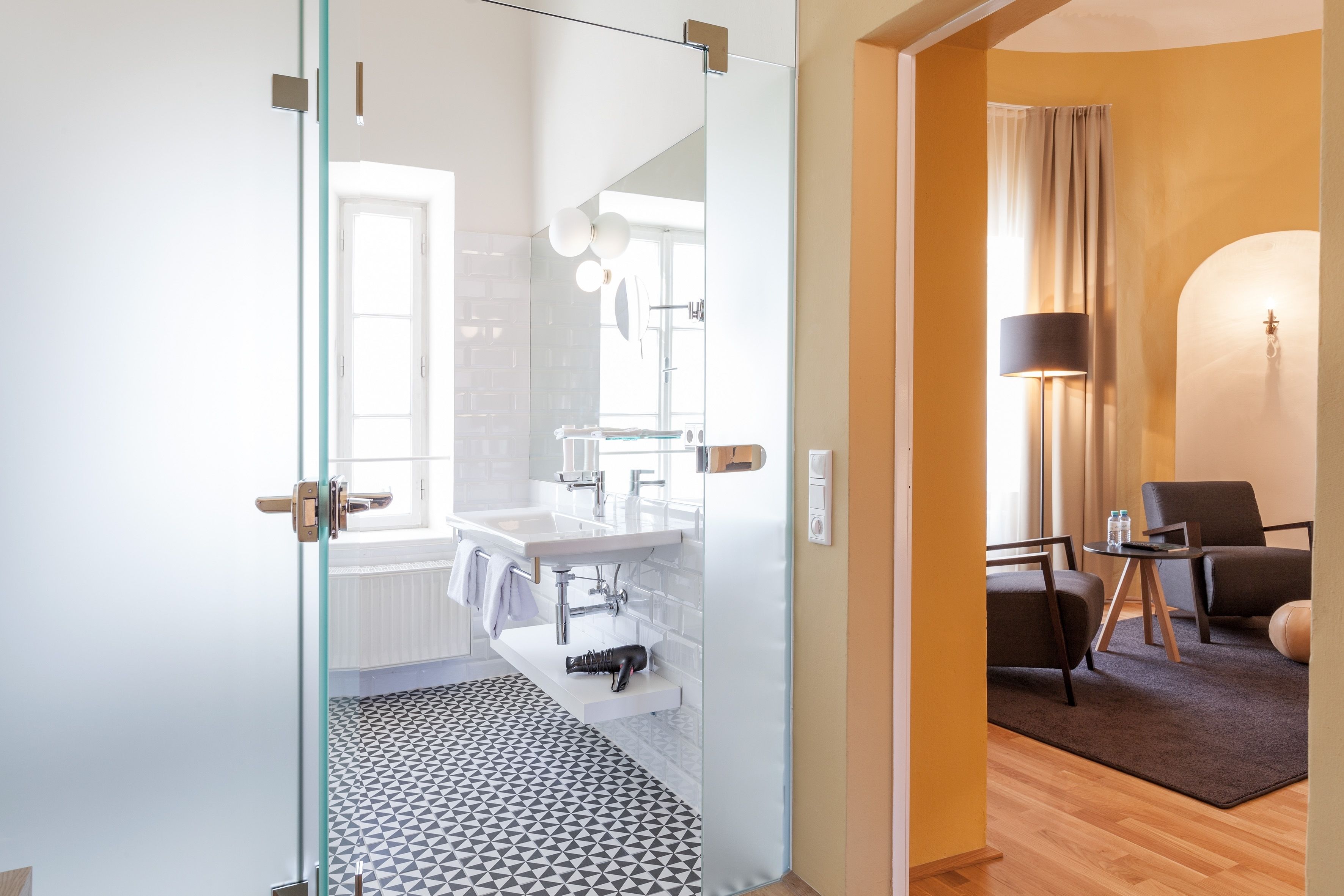 meierhof premium double room (meierhof building) | bathroom | free toiletries, hair dryer, slippers, towels