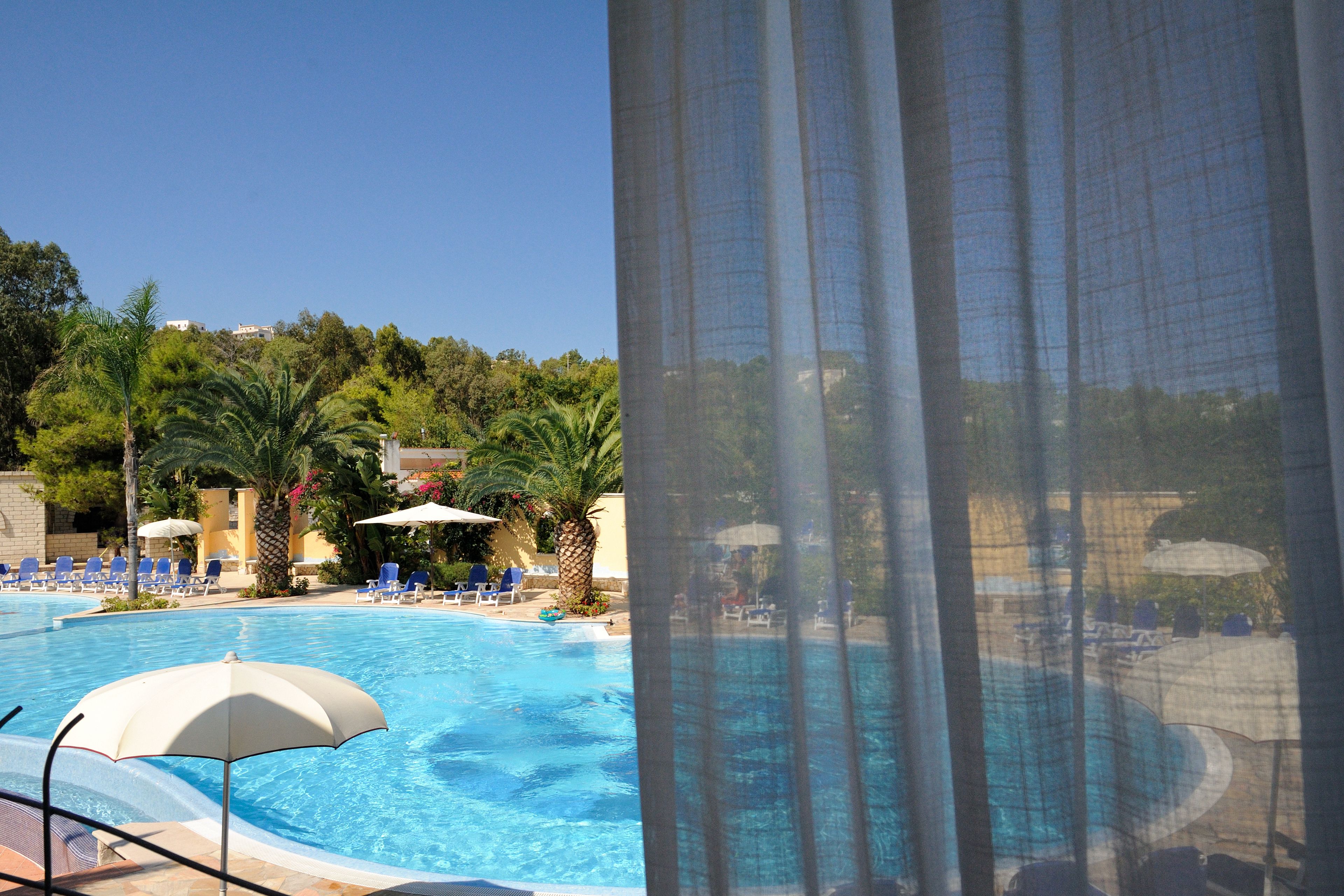 Una piscina con lettini e ombrelloni, circondata da palme e vegetazione.