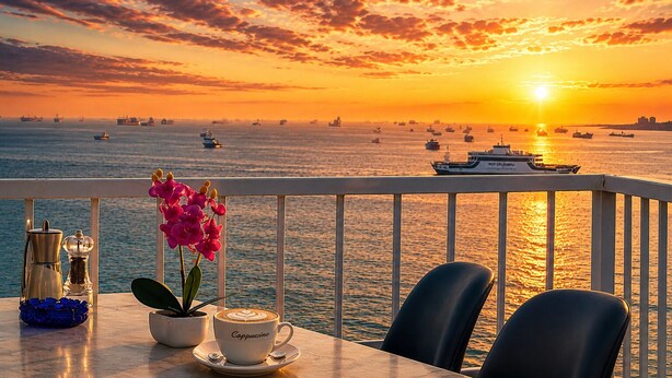 Vista al atardecer desde un balcón con una mesa, sillas, una taza de café y una planta en maceta.