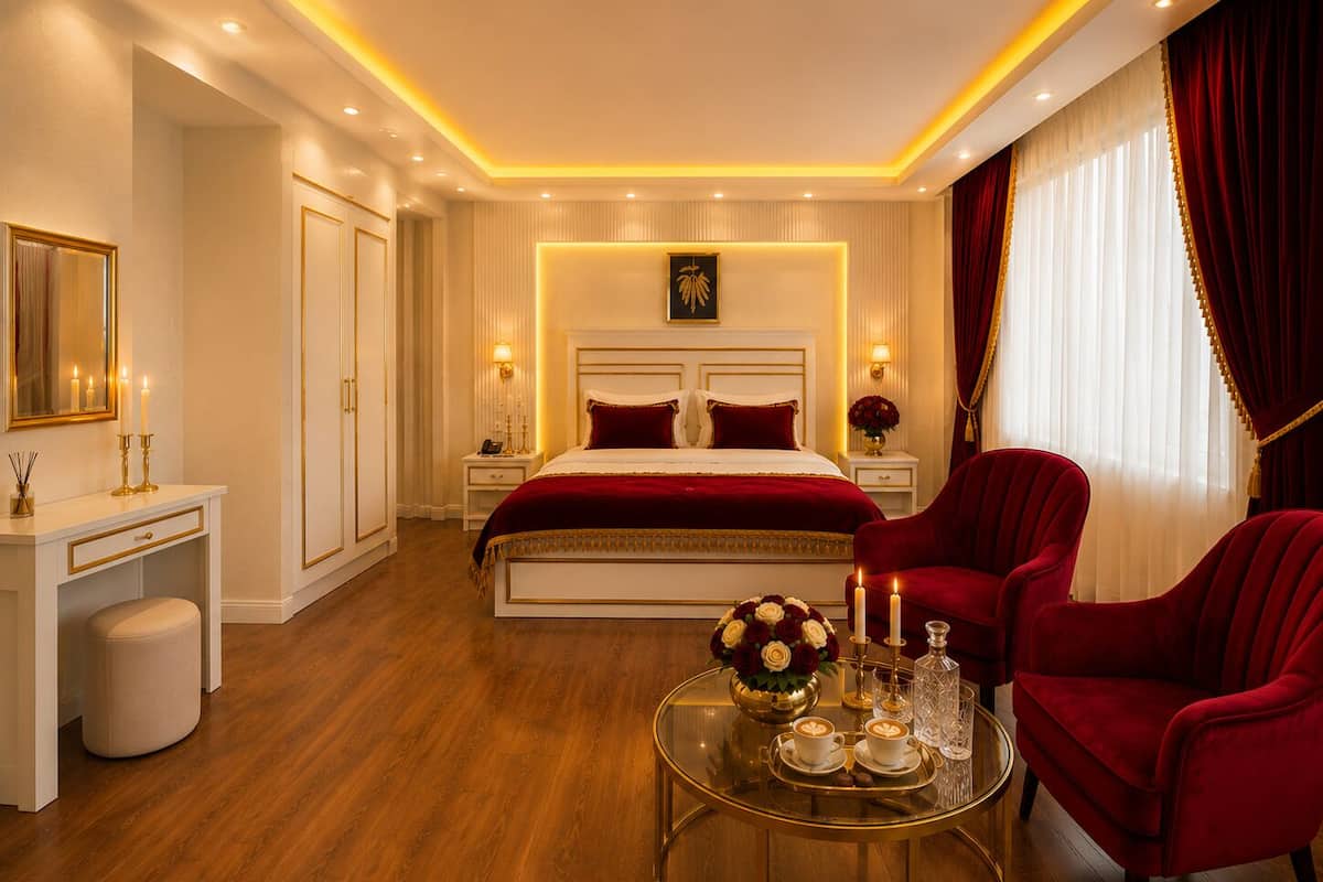 A hotel room with a large bed, a desk, a chair, and a coffee table with a vase of flowers.
