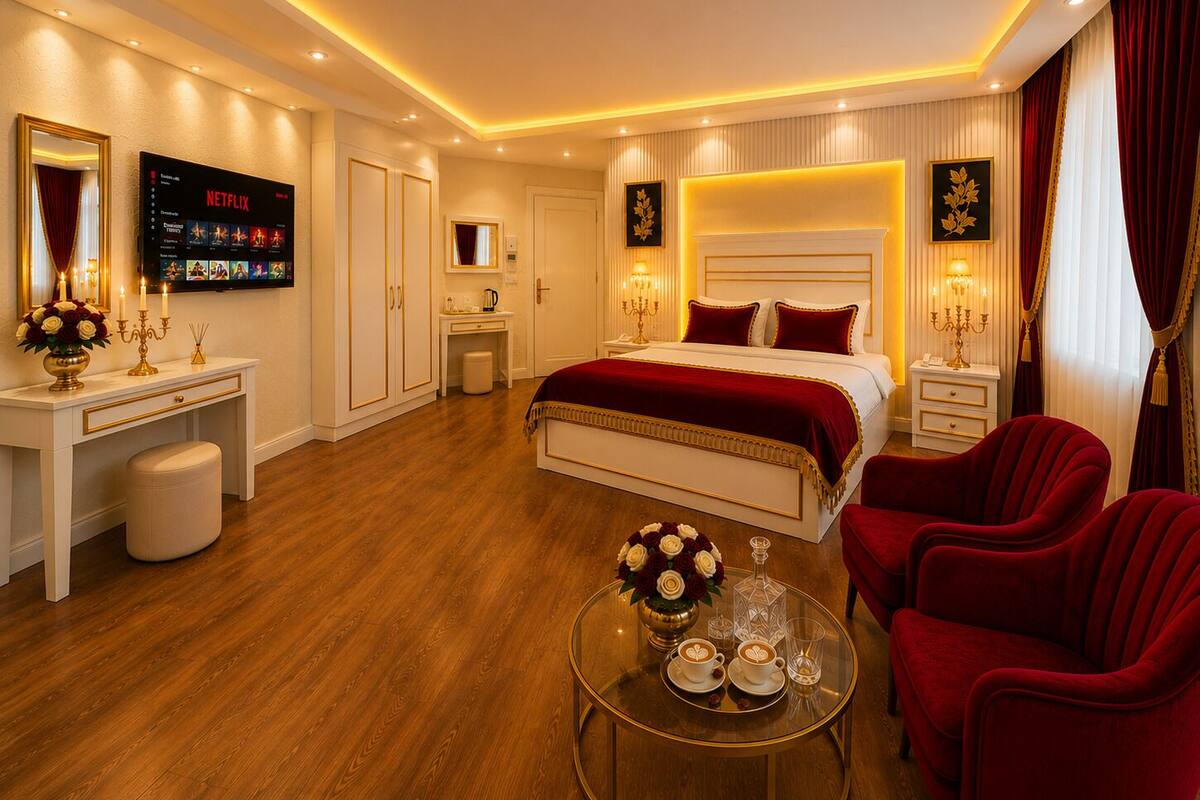 A hotel room with a large bed, a desk, a TV, and a coffee table with flowers and cups.