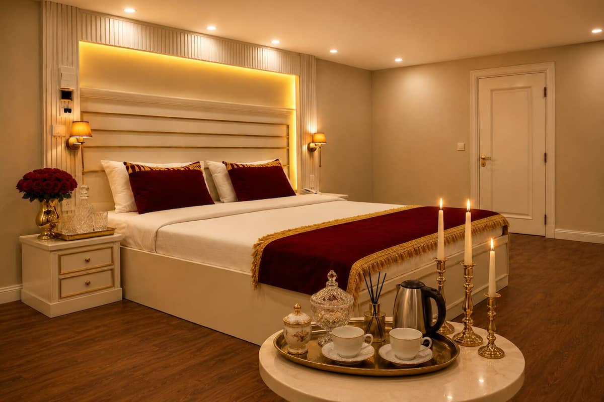 A bedroom with a large bed, bedside lamps, a nightstand with a vase of flowers, and a tray with cups and a teapot.