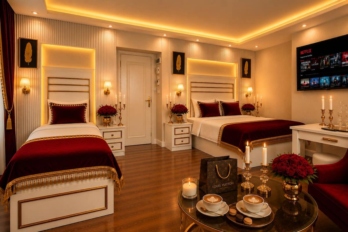 A luxurious hotel room with two beds, a TV, a coffee table with a vase and flowers, and a minibar.