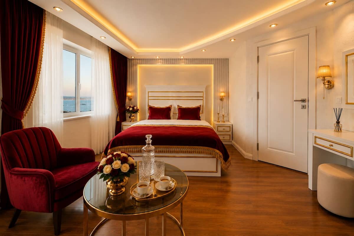 A luxurious bedroom with a large bed, a red armchair, a round glass table with a tray of coffee, and a view of the sea through the window.