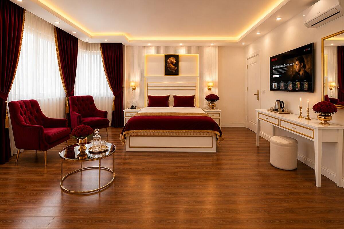A luxurious hotel room with a large bed, two red armchairs, a round coffee table, a desk, and a TV.