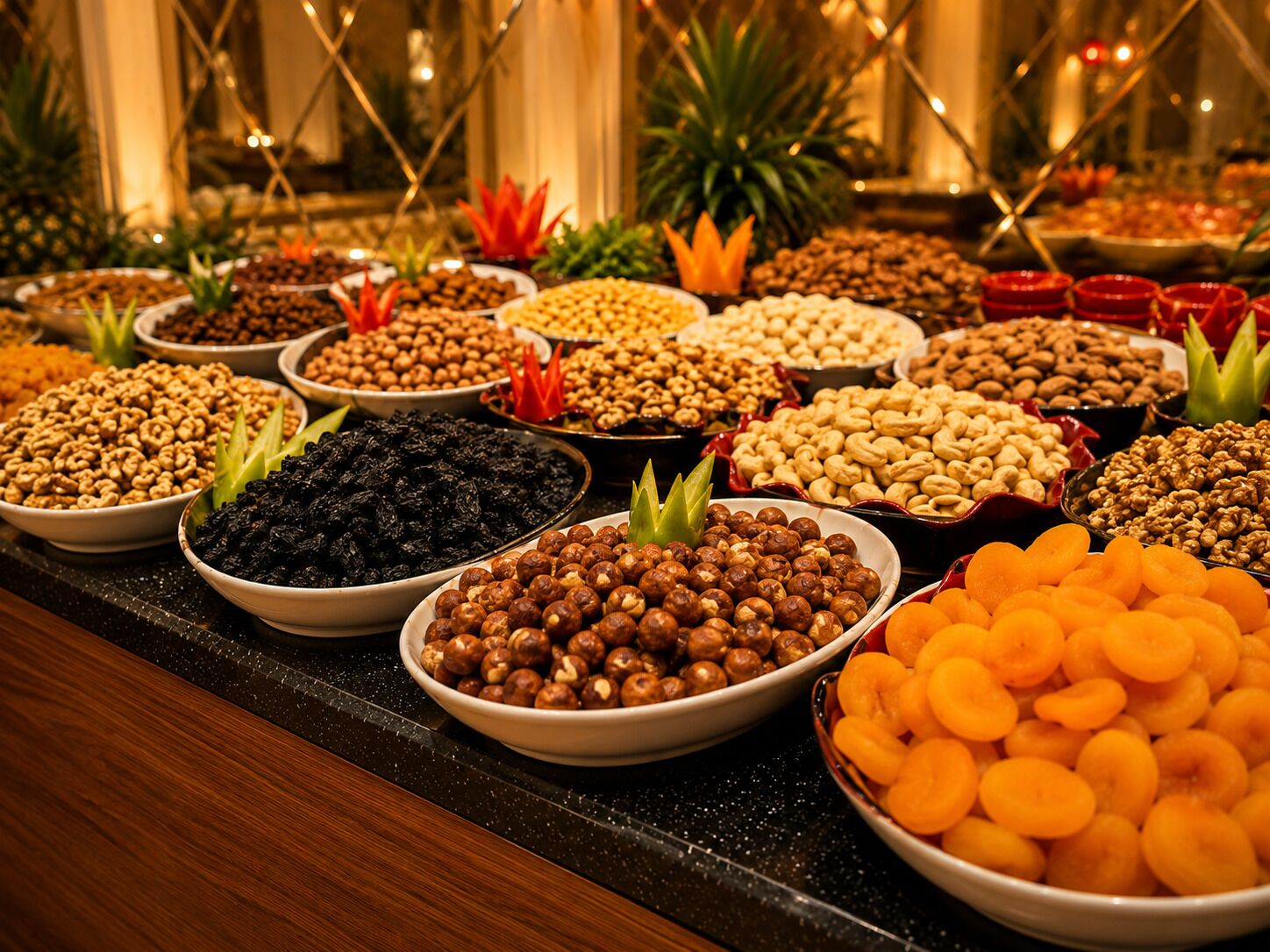 Un tavolo per buffet con diversi piatti.