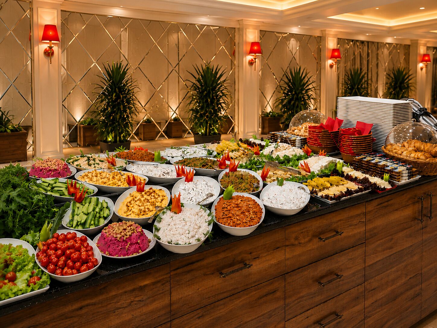 A buffet with various food items and a stack of plates.