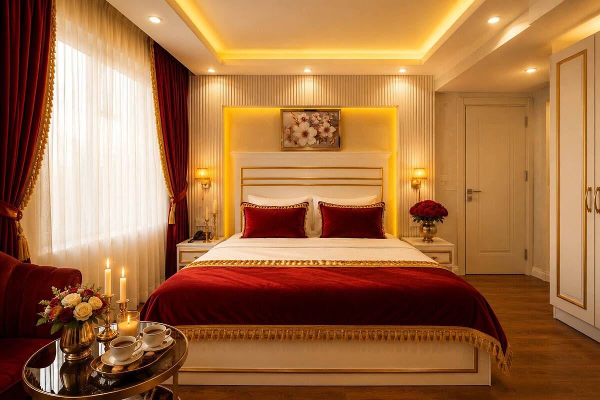 A luxurious hotel room with a large bed, red bedding, a gold-framed headboard, a bedside table with a lamp, and a tray with cups and a vase of flowers.