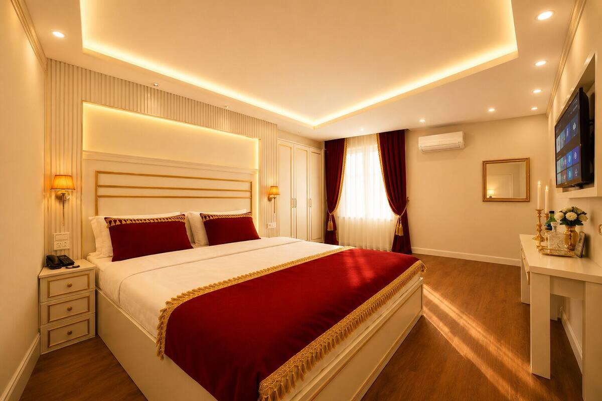 A hotel room with a large bed, bedside lamps, a vanity with a mirror, and an air conditioning unit.