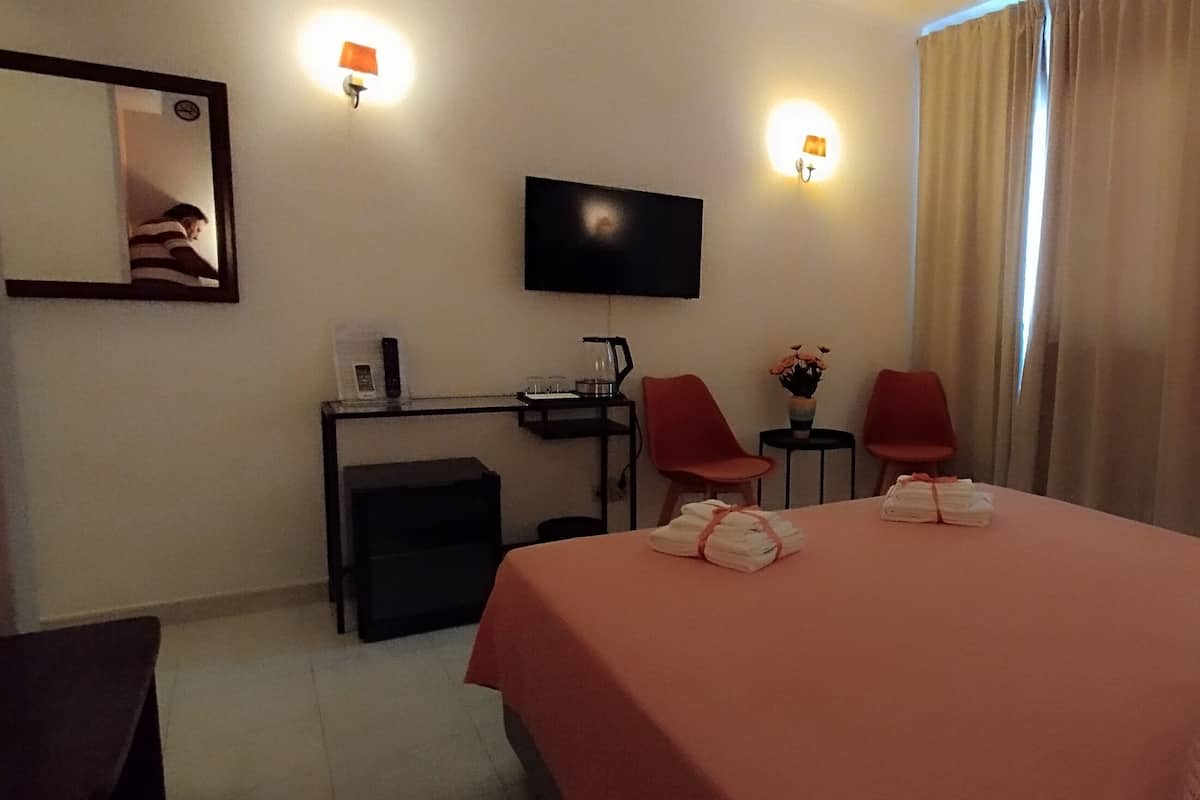 Une chambre d’hôtel comprenant un lit, un bureau avec une chaise, une télévision et une petite table sur laquelle est posé un vase de fleurs.