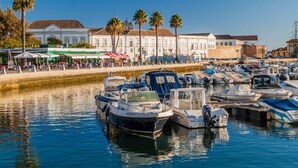 Ein Yachthafen mit mehreren dort vertäuten Booten, eine Uferpromenade mit Palmen und Gebäude im klassischen Stil.