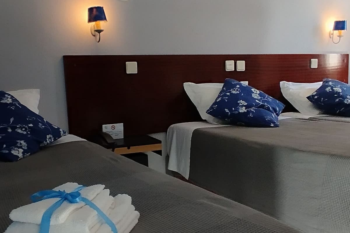 Une chambre d’hôtel avec deux lits, chacun recouvert d’une couvre-lit grise et agrémenté de coussins à motifs floraux bleus. On y trouve des lampes fixées au mur et une tapisserie murale tissée.