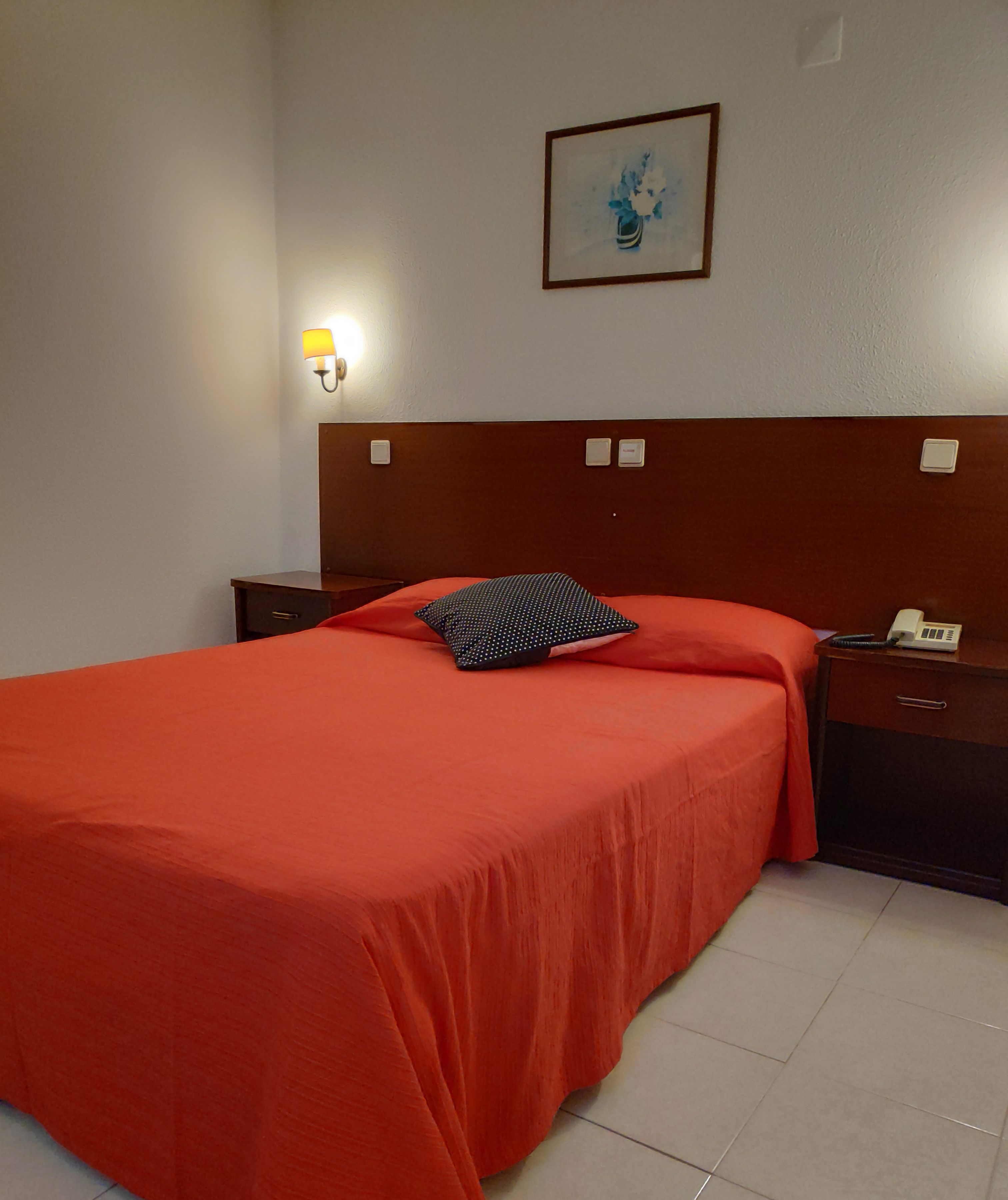 A hotel room with a large bed, a nightstand with a lamp, a telephone, and a framed picture on the wall.