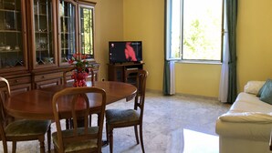 A dining area with a wooden table and chairs, a television on a stand, and a large window with curtains. - Il Tesoro (Rome)