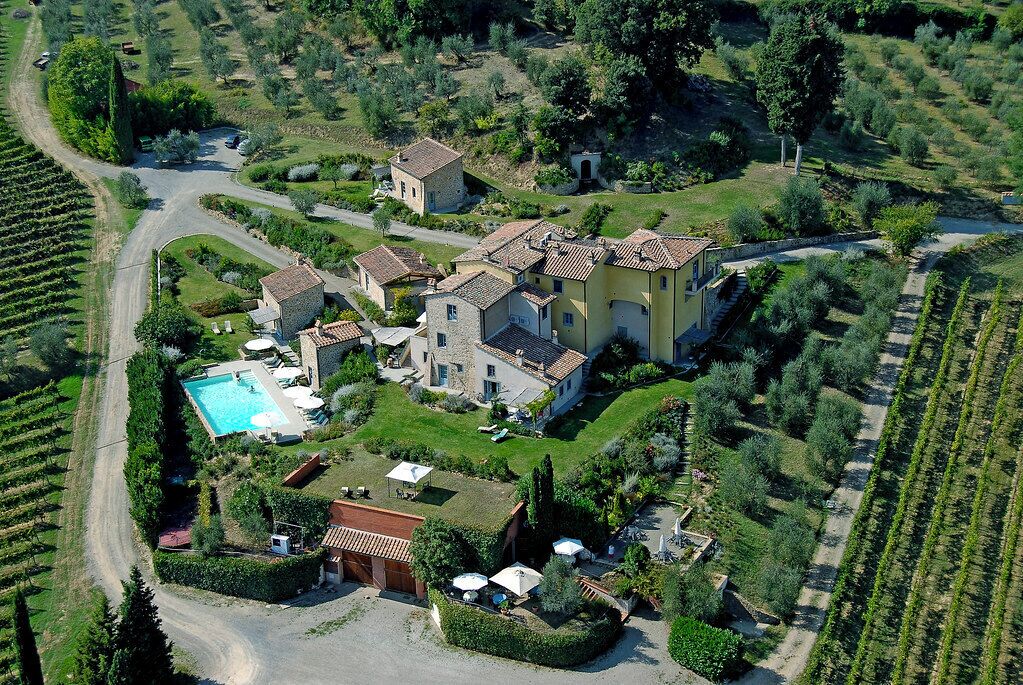 An aerial view of a villa with a swimming pool, surrounded by vineyards and gardens.