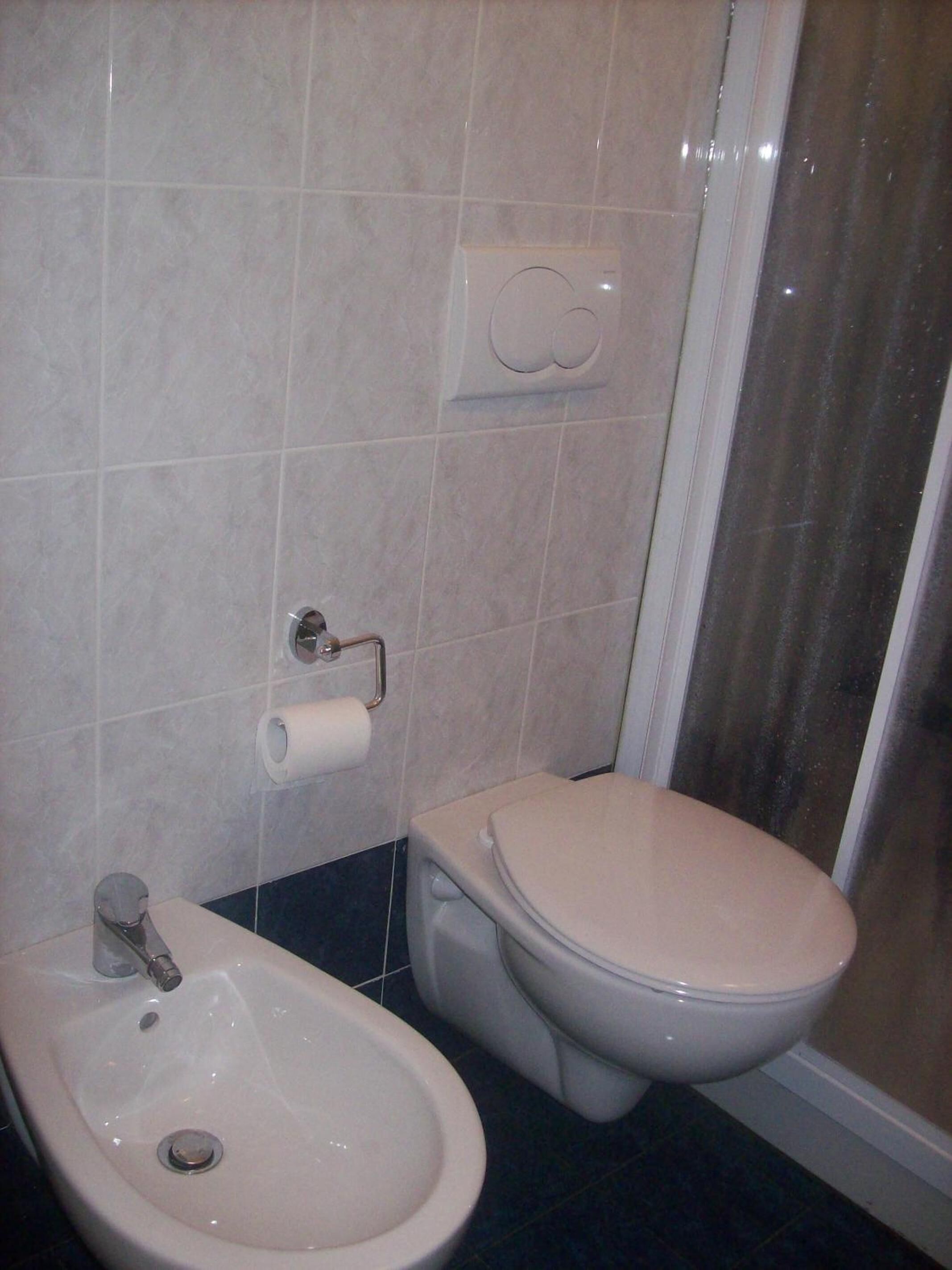 Une salle de bain avec un lavabo, des toilettes et un rideau de douche.