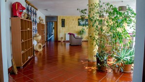A spacious lobby with a tiled floor, wooden shelving with decorative items, a gray armchair, and potted plants. - Solar dos Marcos Rural Accommodation (Mogadouro)