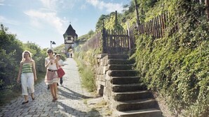 A stone staircase leading up a hill with a wooden fence on one side and a small building at the top. - Hotel am Schillerpark (Esslingen)