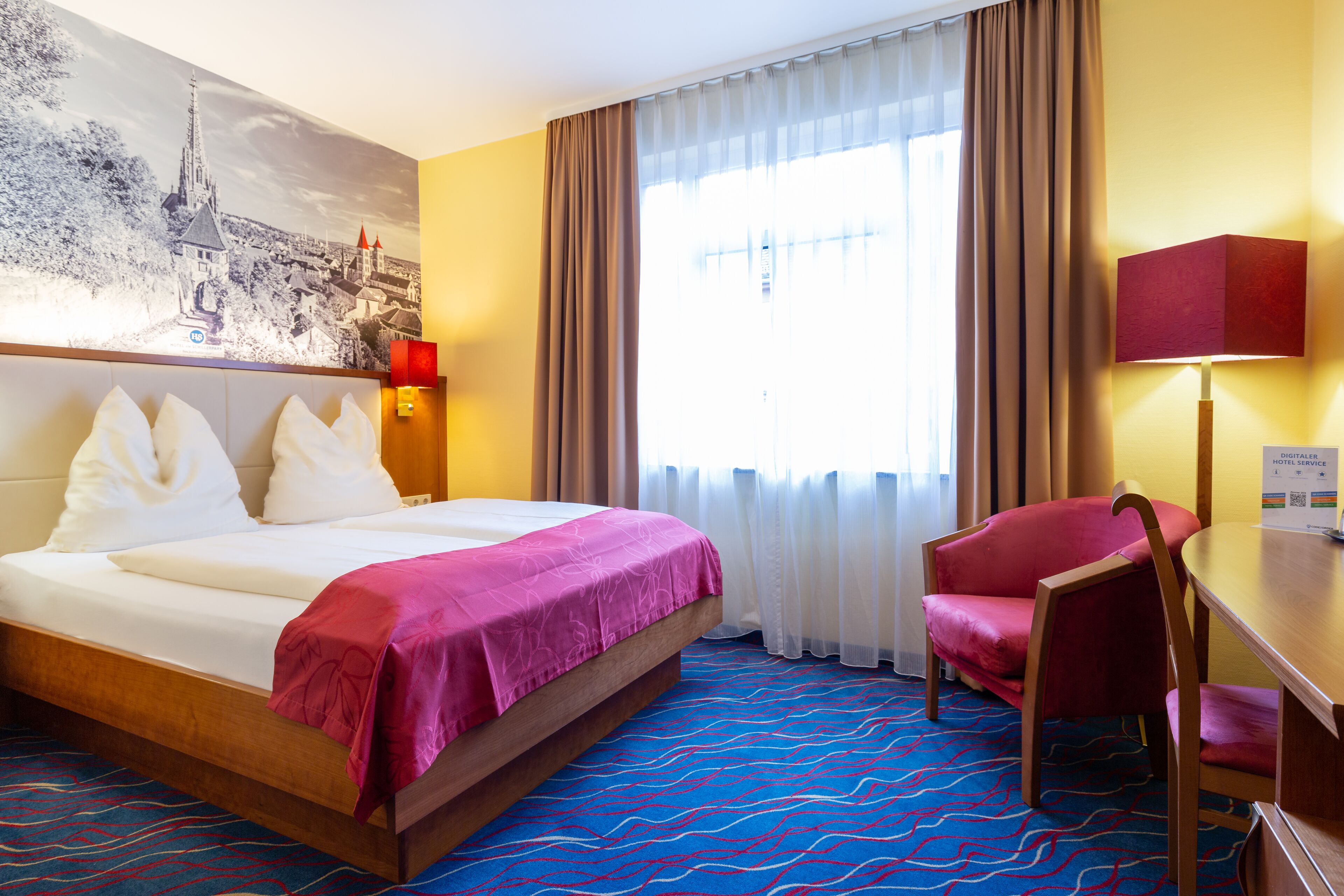 double room | hypo-allergenic bedding, desk, laptop workspace, blackout curtains