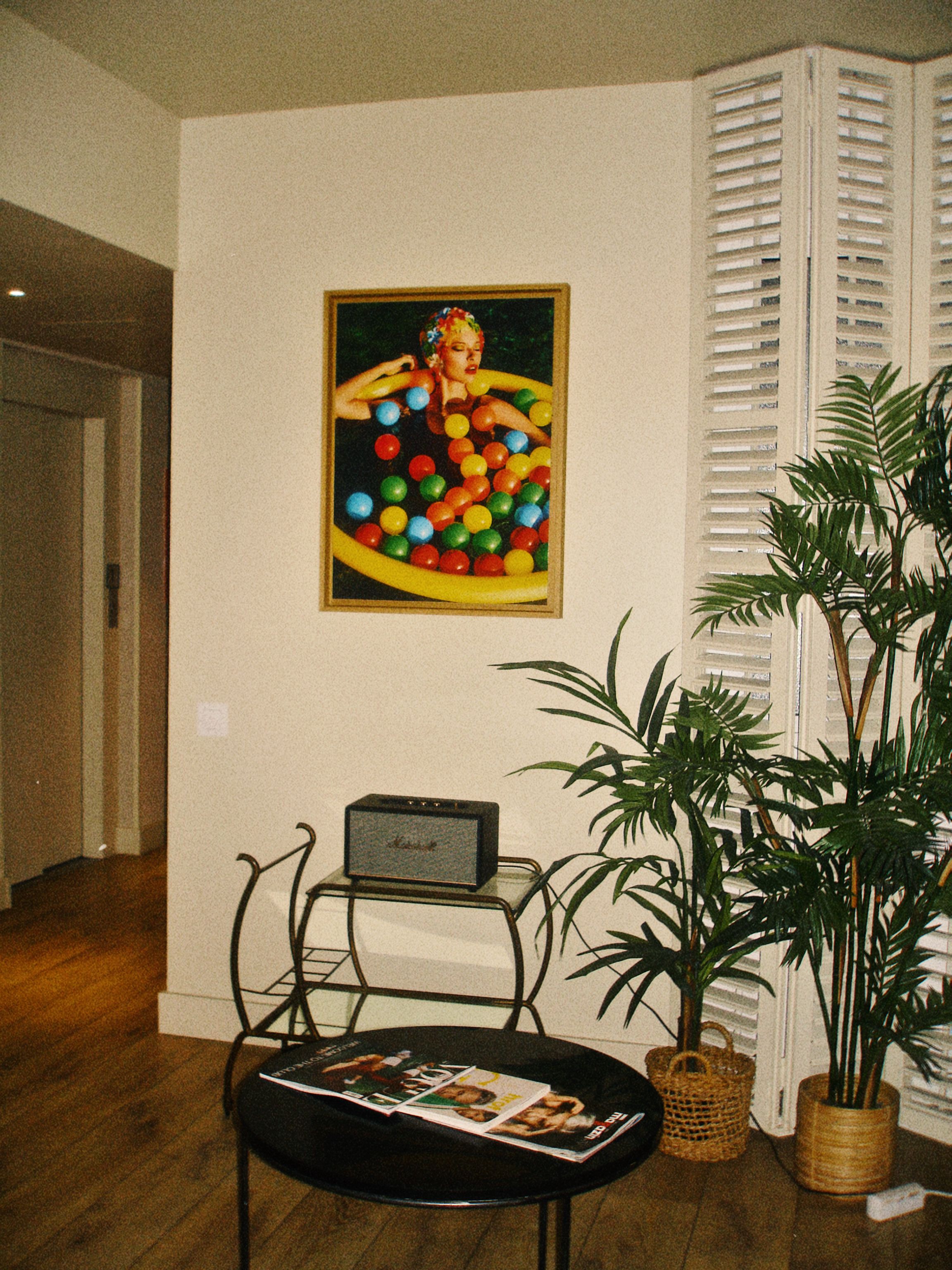 A room with a framed painting, a table with magazines, a radio, and a potted plant.