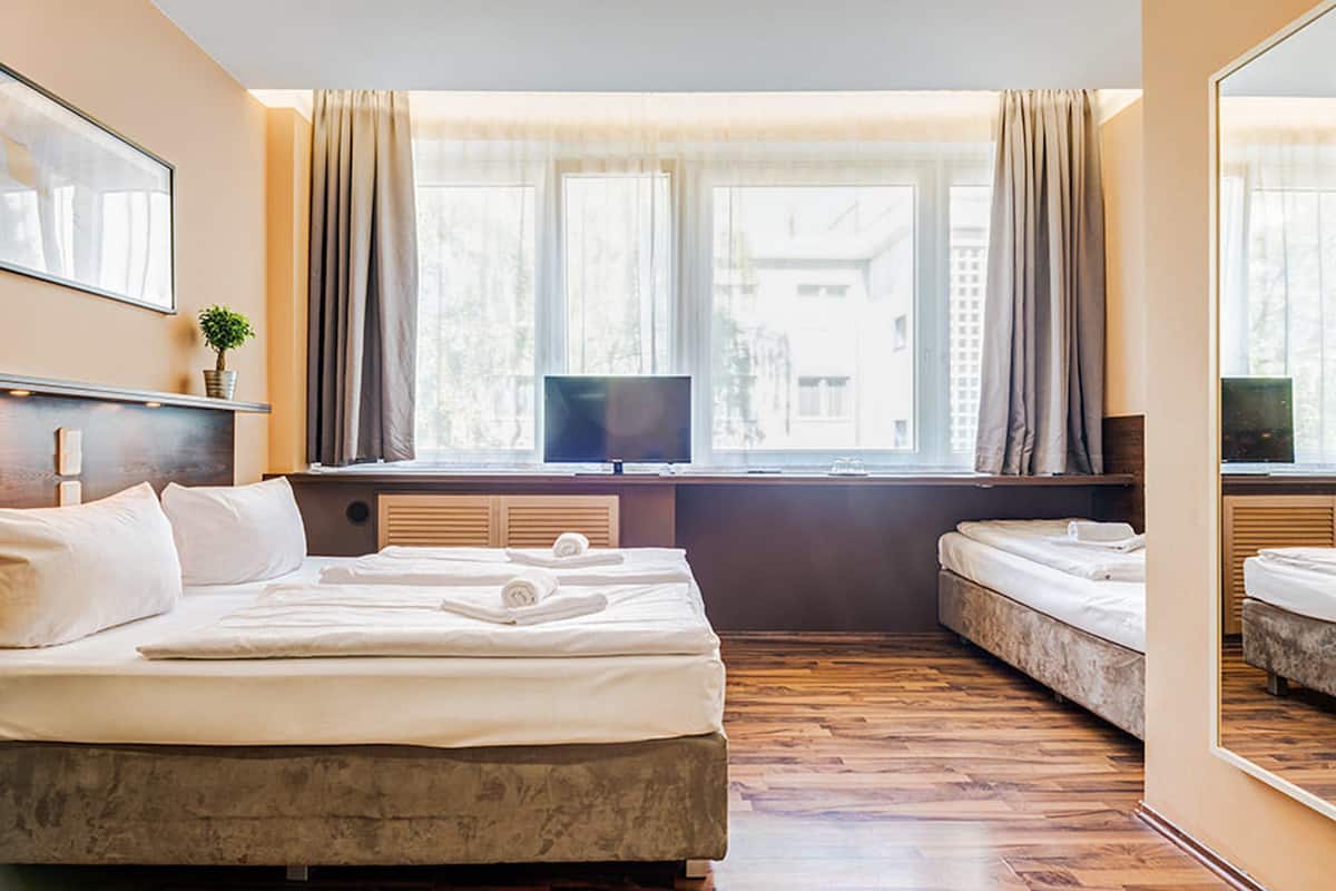 A hotel room with a large bed, a smaller bed, a TV, a window with curtains, and a plant on a shelf.