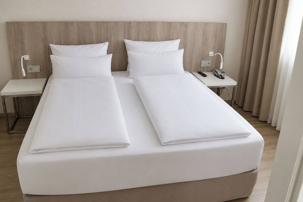 A double bed with white linens, a bedside table with a phone, and a nightstand with a lamp.