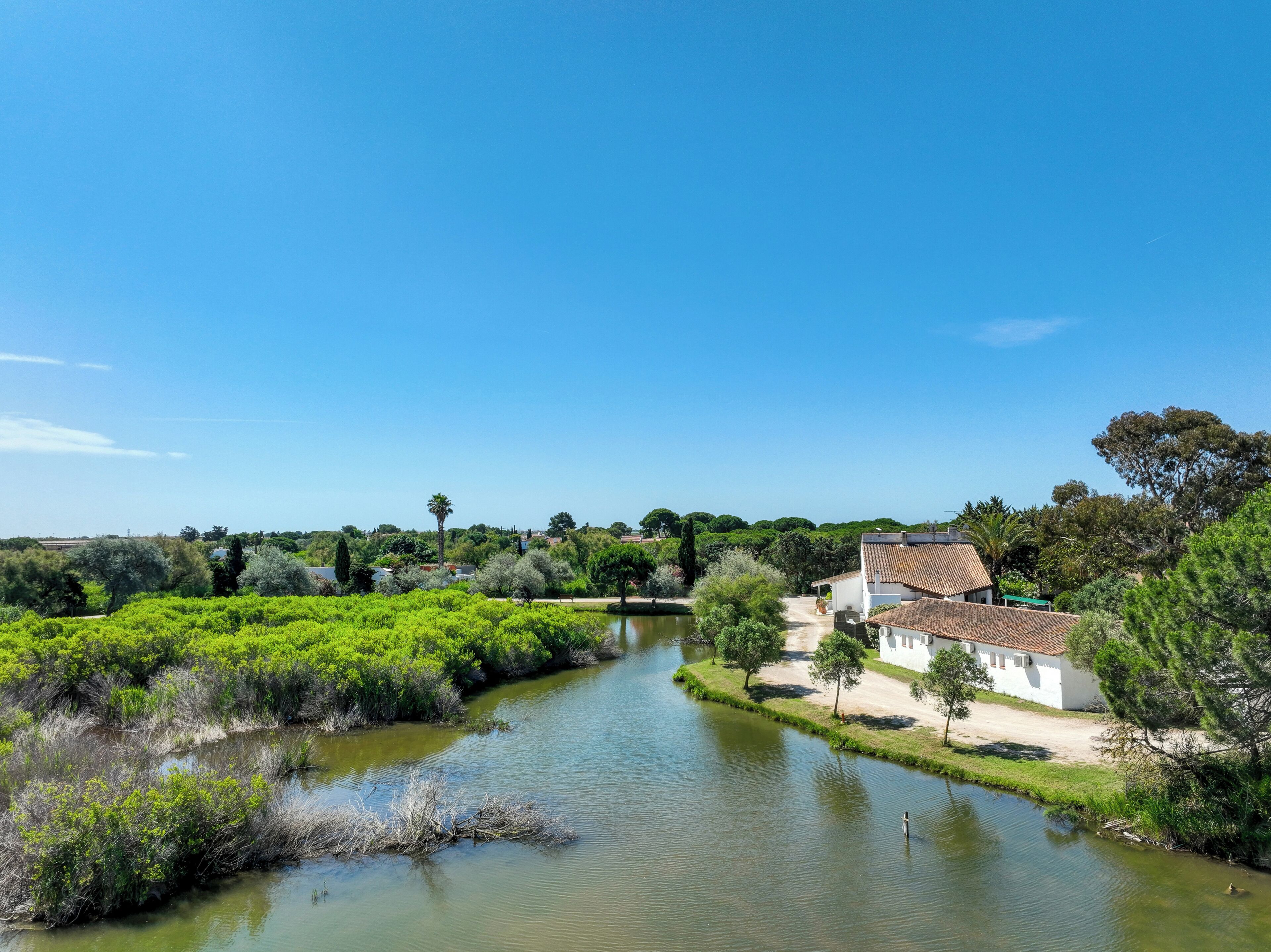 A river with a bridge, surrounded by greenery and a white building with a tiled roof.