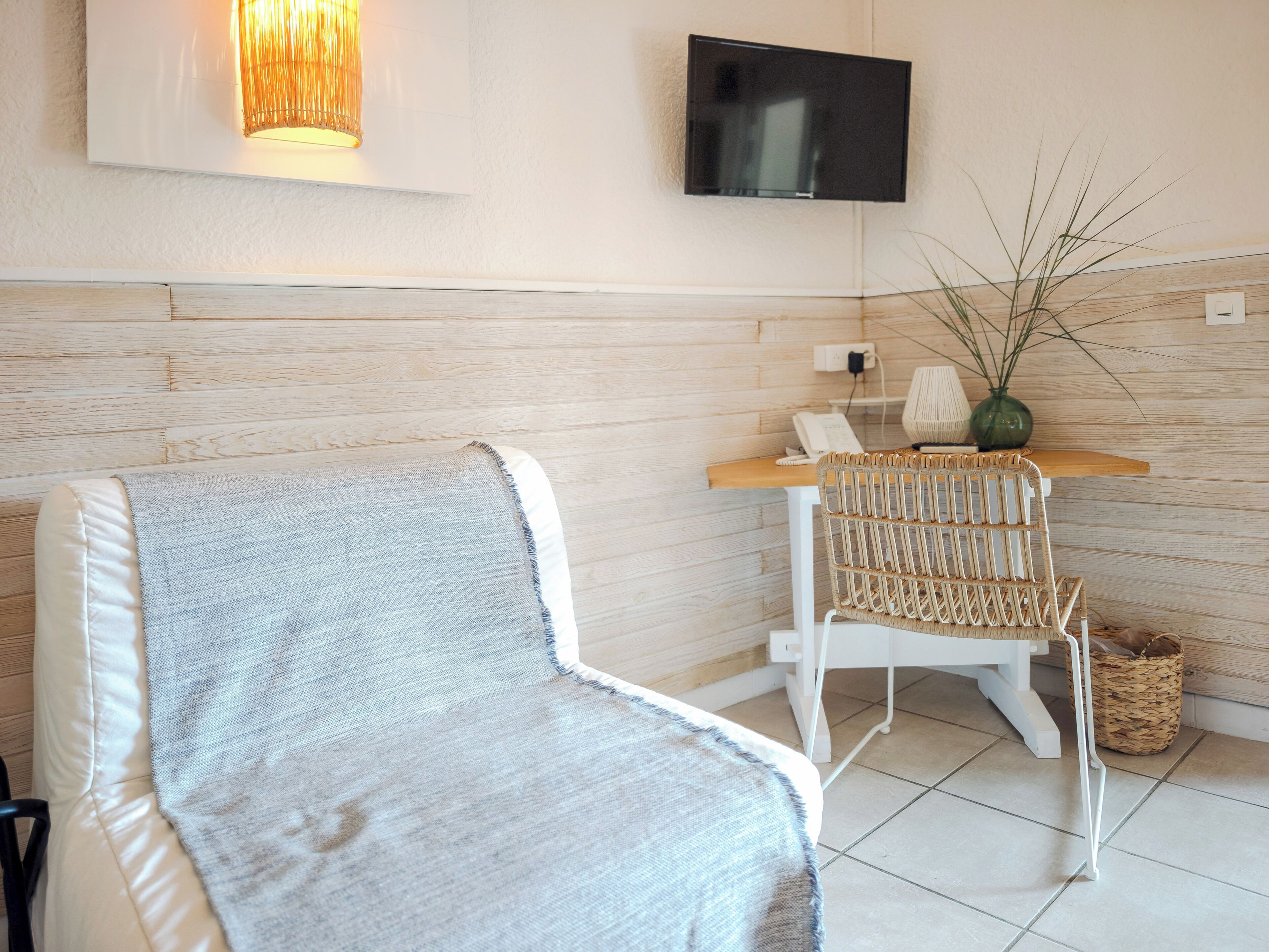 A modern room with a sofa, a wicker chair, a wooden table, a TV, and a vase with plants.