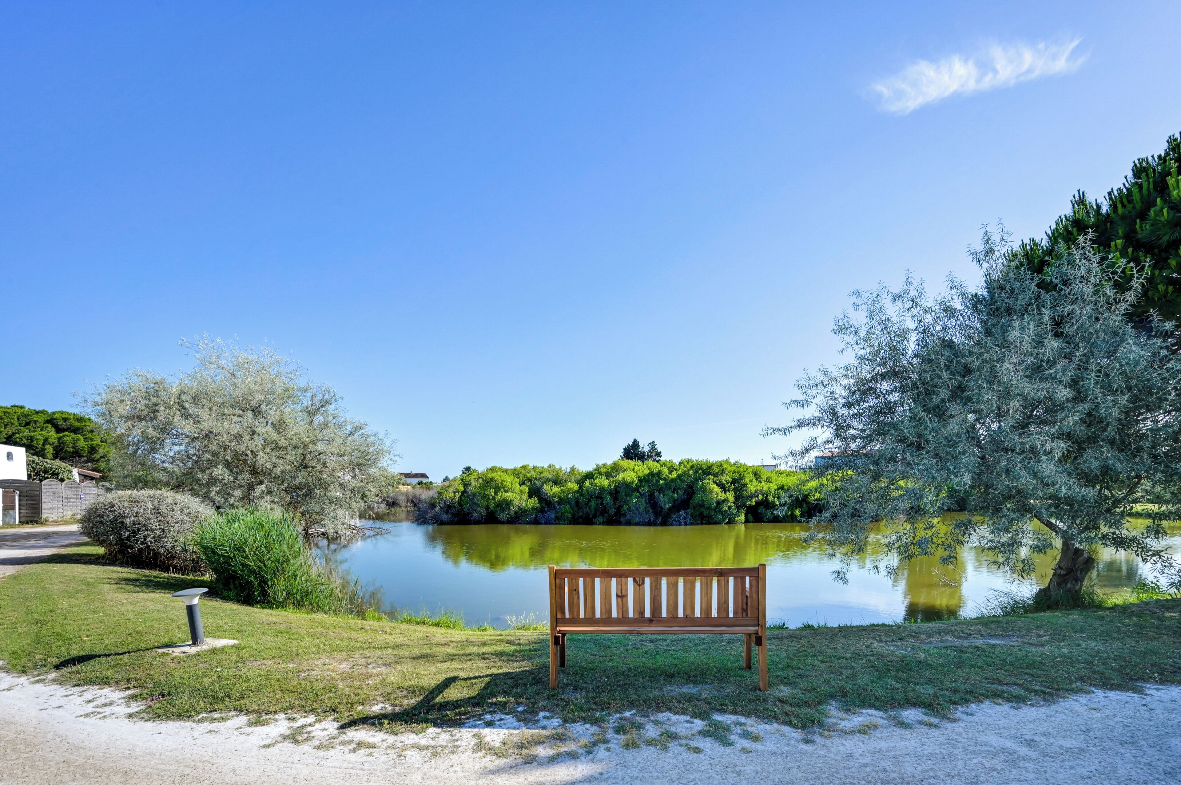 A bench by a calm lake with a clear sky.