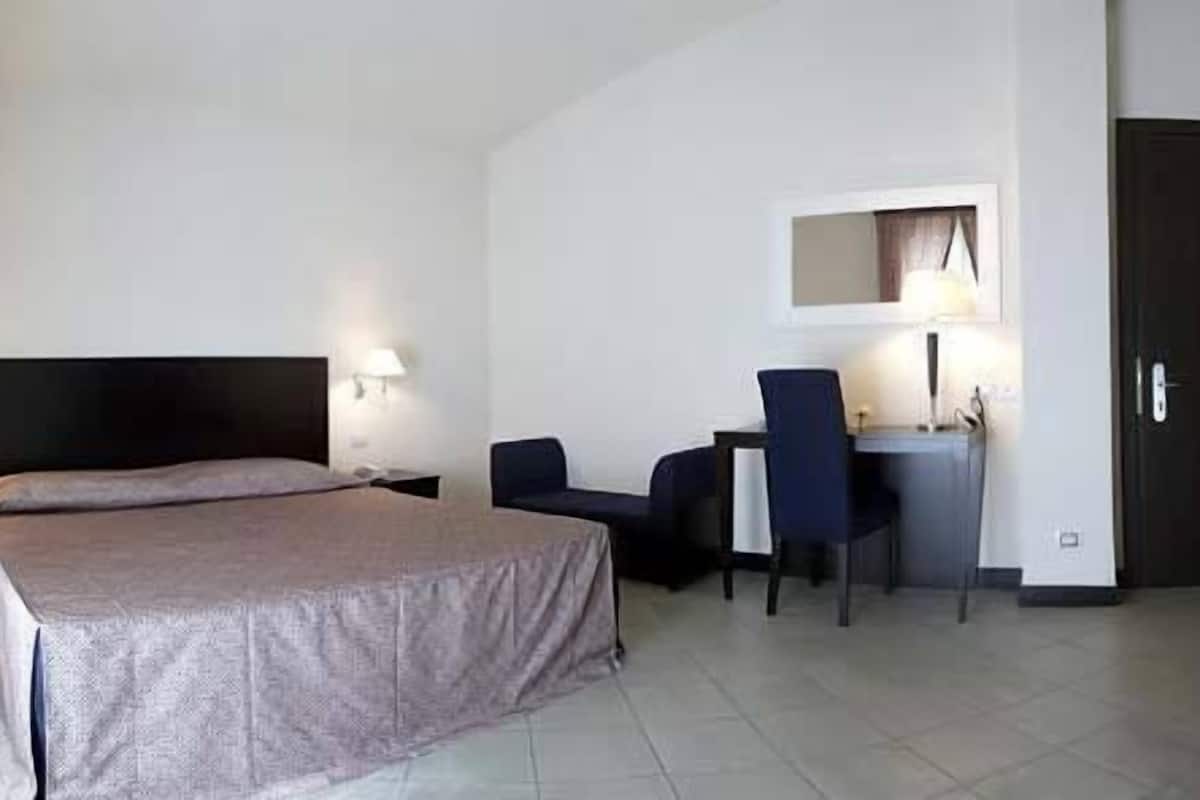 A hotel room with a bed, a desk, a chair, and a wardrobe.