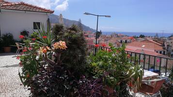 Une terrasse agrémentée de plantes en pot, une table et des chaises, d’où l’on peut admirer une ville côtière aux toits de tuiles rouges, sous un ciel dégagé.