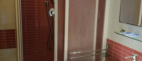 A bathroom with a glass-enclosed shower, a white sink, and a mirror above it.
