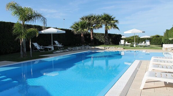Seasonal outdoor pool, pool umbrellas, pool loungers
