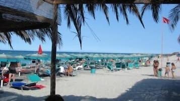 Playa en los alrededores, playa de arena blanca y vóleibol de playa 