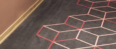A carpet with a geometric pattern.