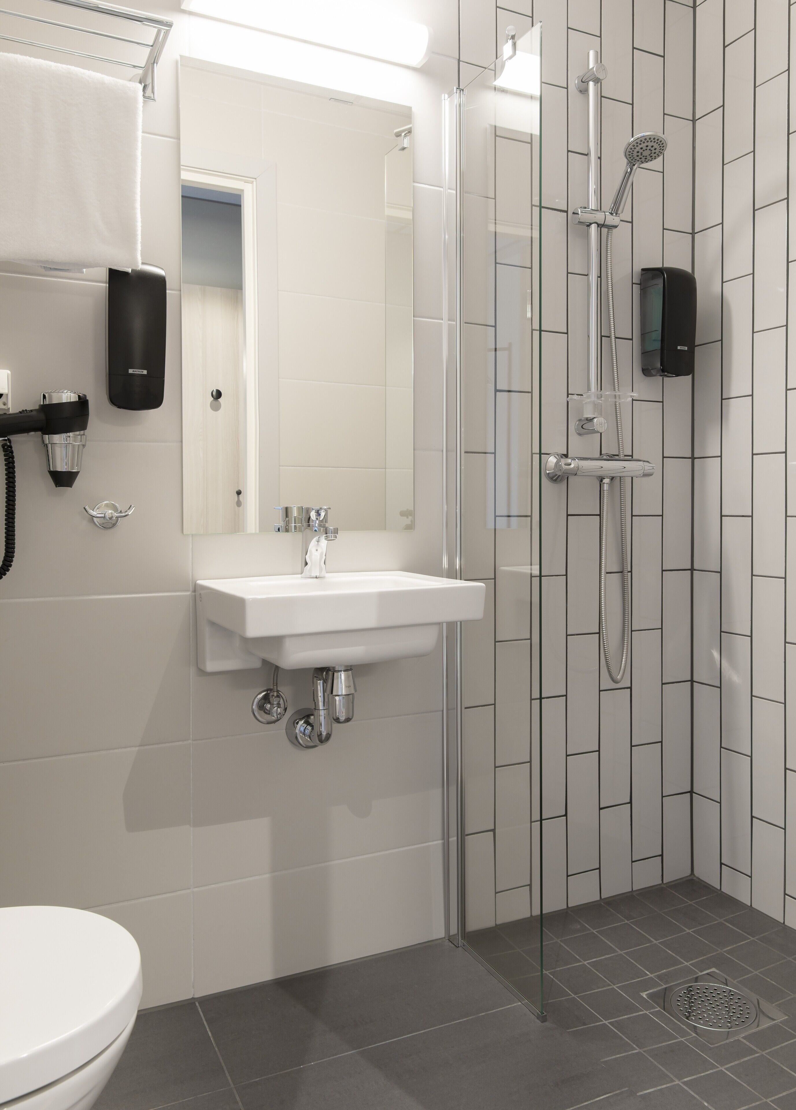 A modern bathroom with a glass shower enclosure, a white sink, and a toilet.