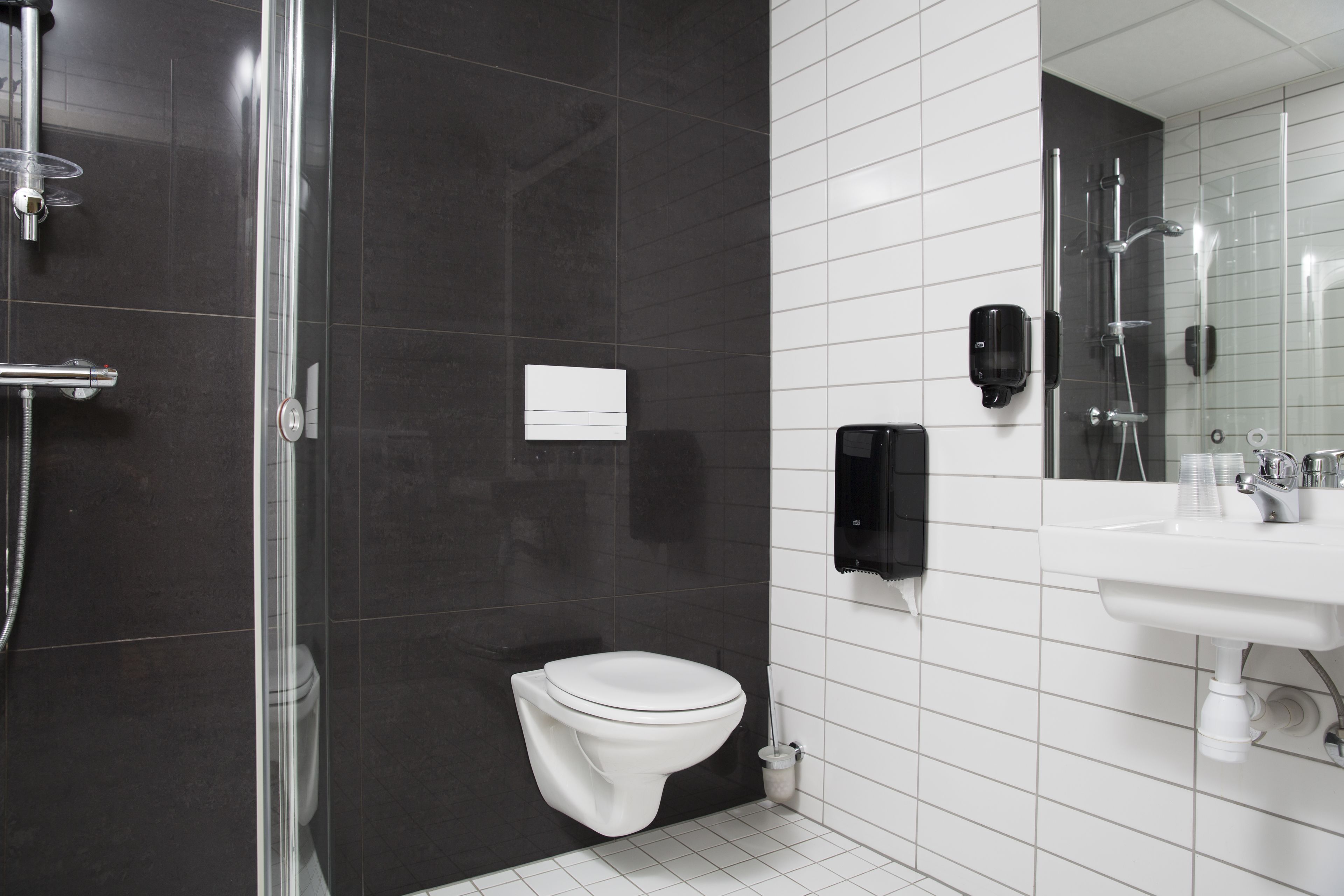 family room | bathroom | shower, hair dryer, towels, soap