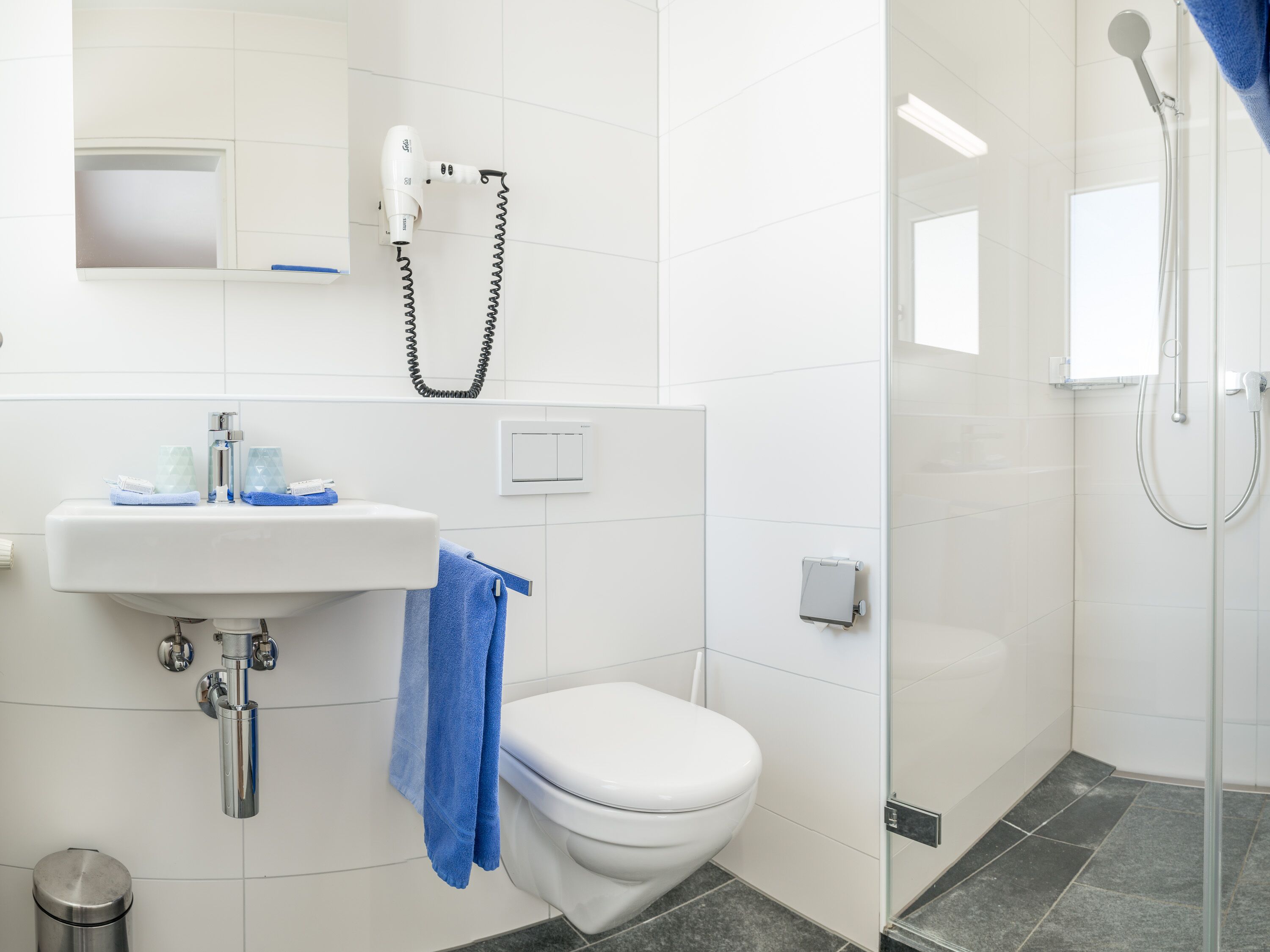 Un bagno moderno con lavandino bianco, un water, una doccia e un asciugacapelli fissato alla parete.