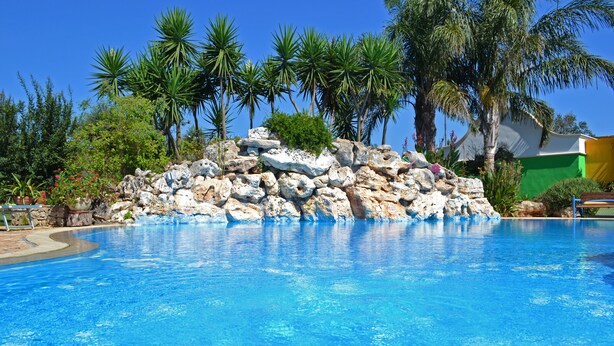 Ein klares, blaues Schwimmbecken mit einer Felseninsel in der Mitte, umgeben von Palmen und anderer Vegetation.