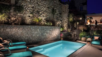 Outdoor pool, open 9:00 AM to 8:00 PM, pool umbrellas, sun loungers