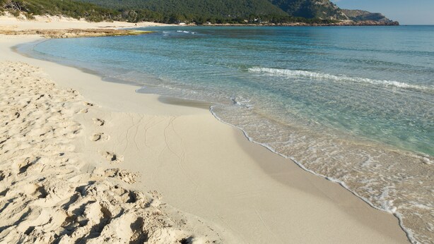 Una playa arenosa con agua cristalina y una montaña al fondo.