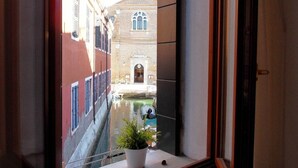 Un estrecho callejón flanqueado por edificios, un canal y una planta en maceta en un alféizar.