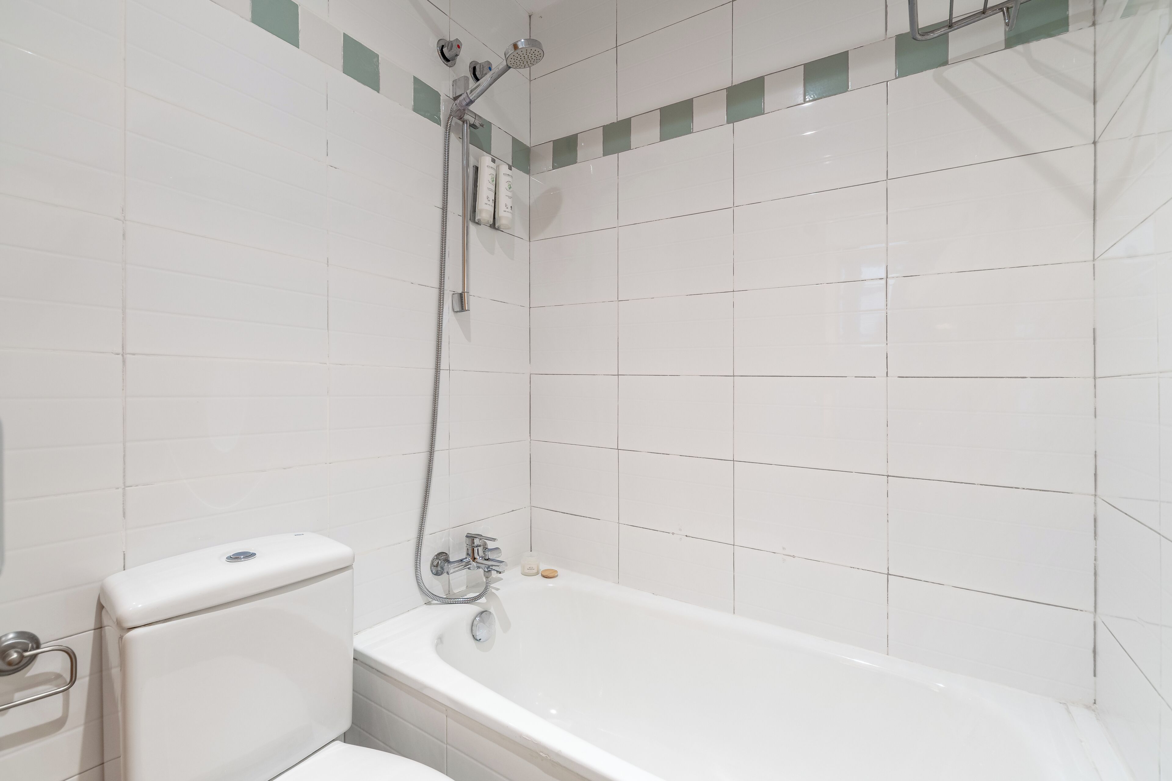 A bathroom with a white bathtub, a toilet, and a shower area.