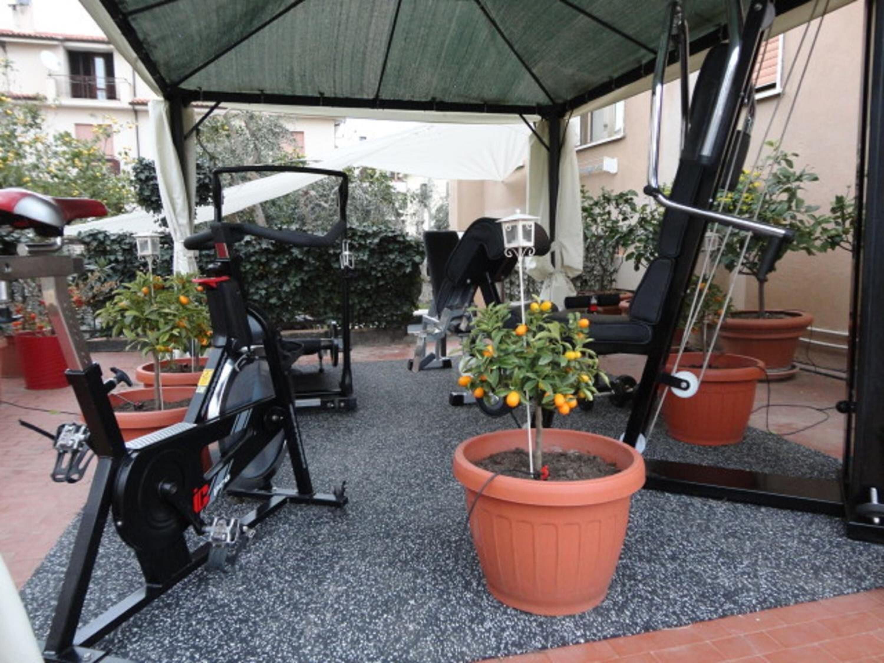 Un patio cubierto con equipo de ejercicio, plantas en macetas y una zona de estar.
