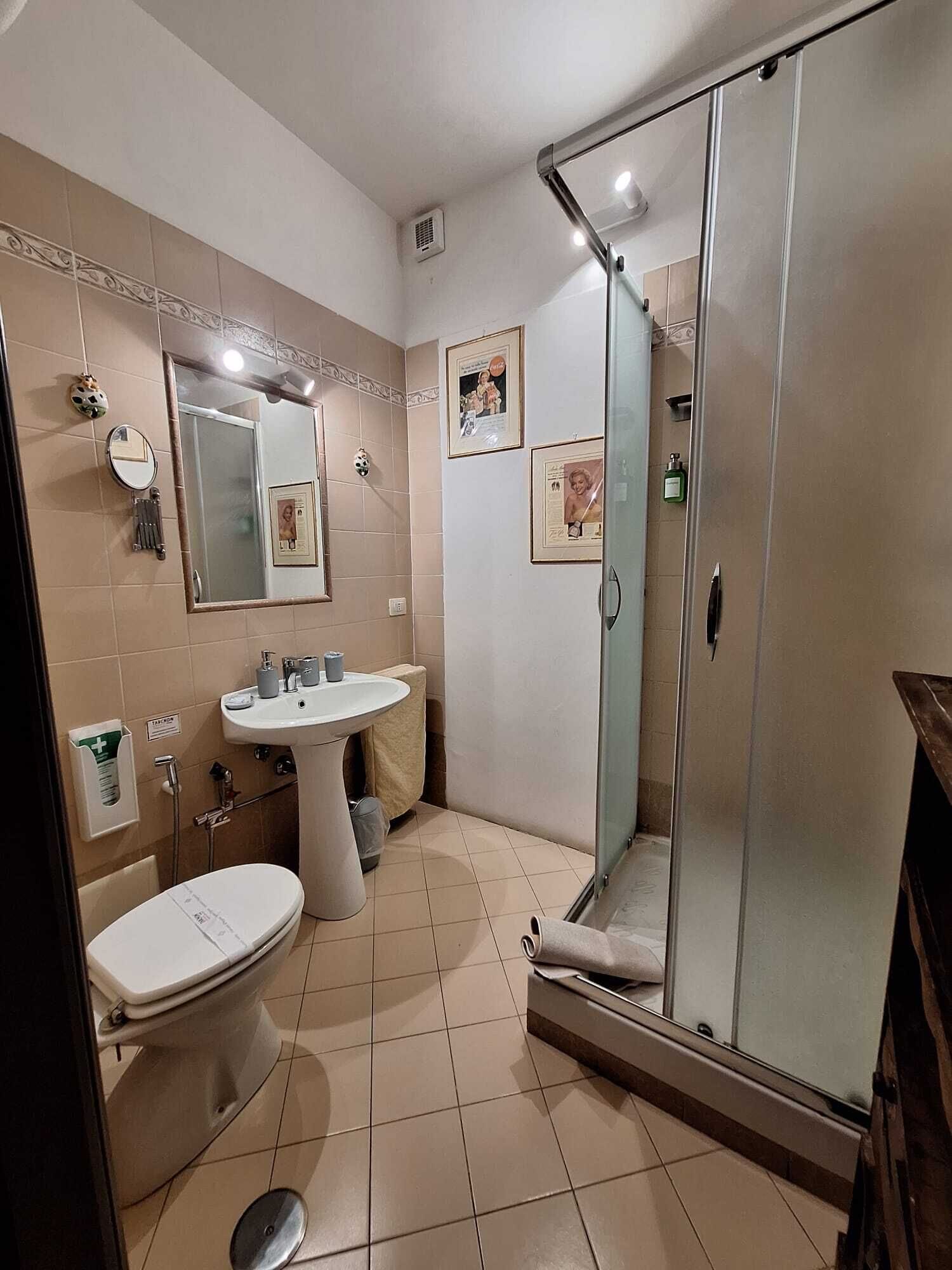 Deluxe driepersoonskamer, 1 slaapkamer, privébadkamer, tuin | Badkamer | Een douche, een regendouche, milieuvriendelijke toiletartikelen