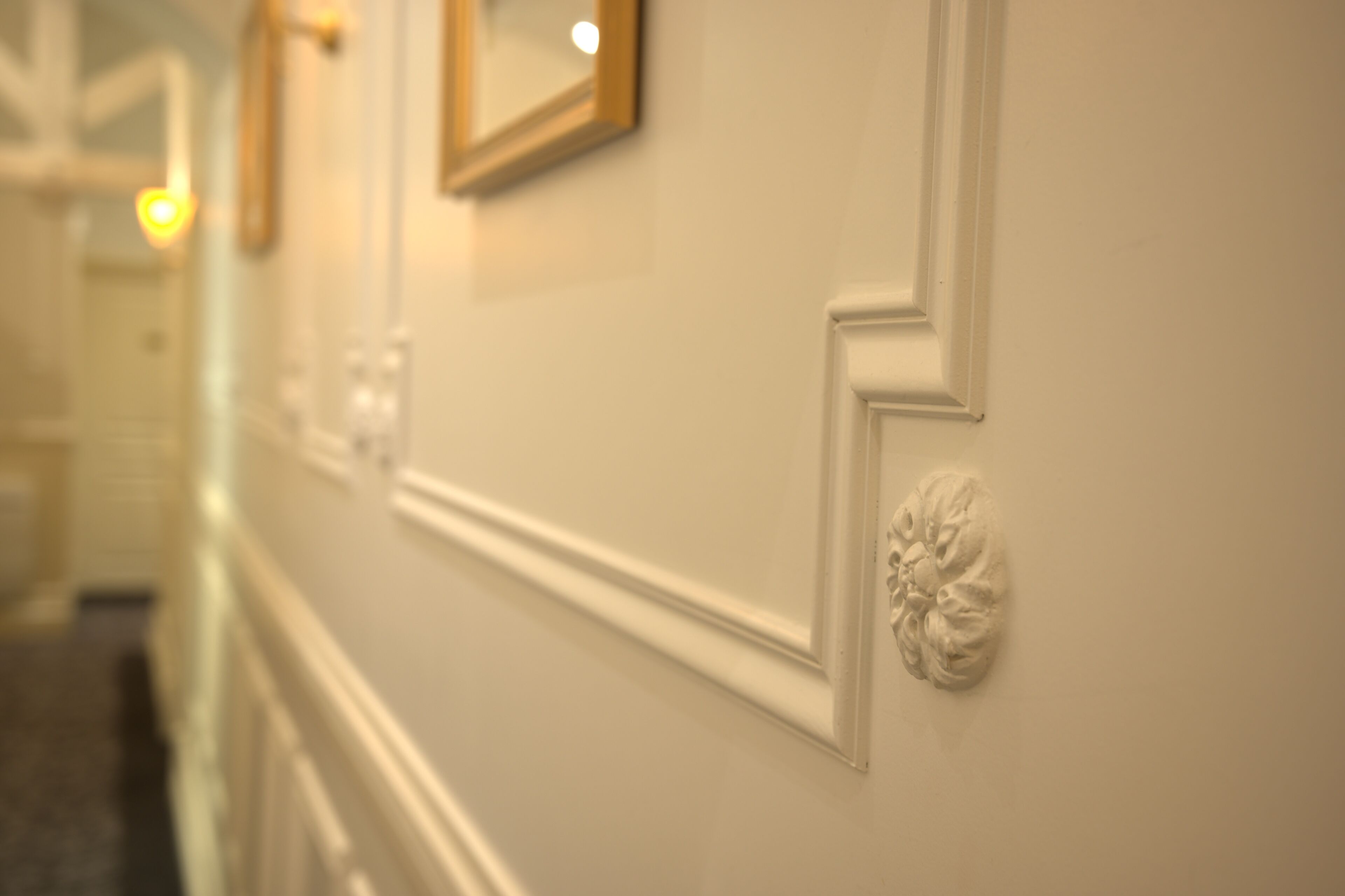 A hallway with a white wall, a framed picture, and a decorative molding.